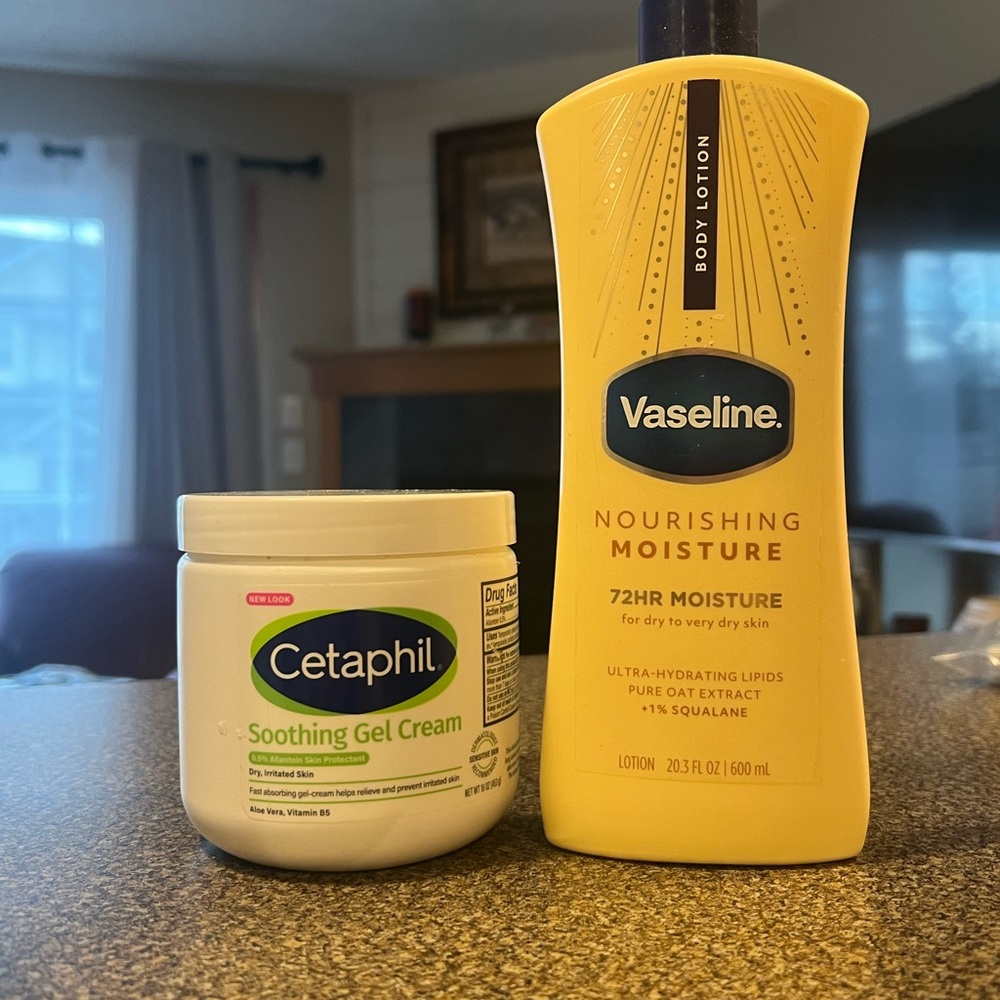 Cetaphil Soothing Gel Cream and Vaseline 72 hour Moisture Lotion